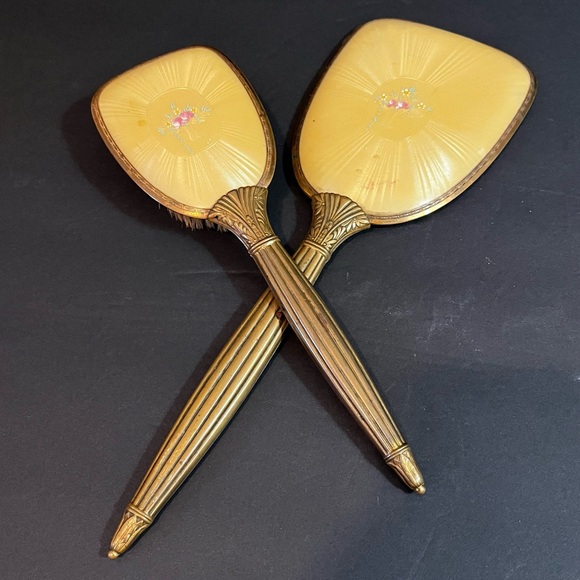 Vintage Accessories - Vintage Vanity Set Hand Mirror and Hairbrush Set Gold-Plated Ornate Roses FLAW